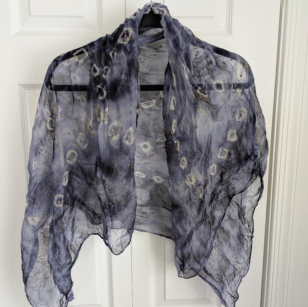 Sheer Indigo Blue and Gold Metallic Scarf